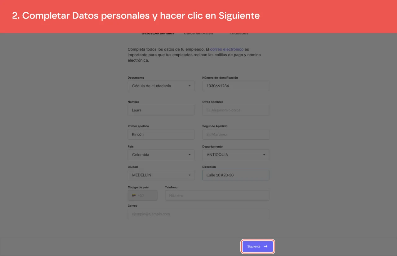 La sección Datos personales completa y el botón Siguiente