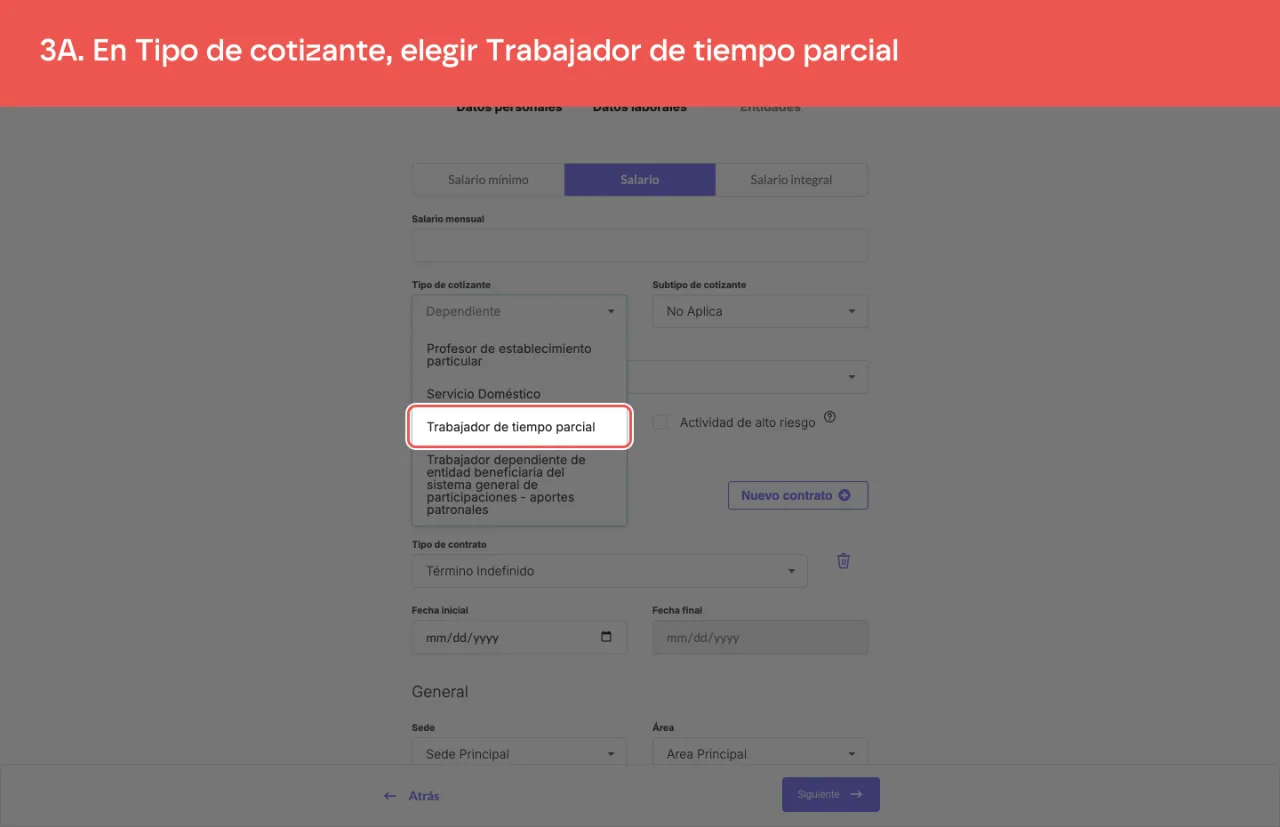 El campo Tipo de cotizante desplegado, con la opción Trabajador de tiempo parcial