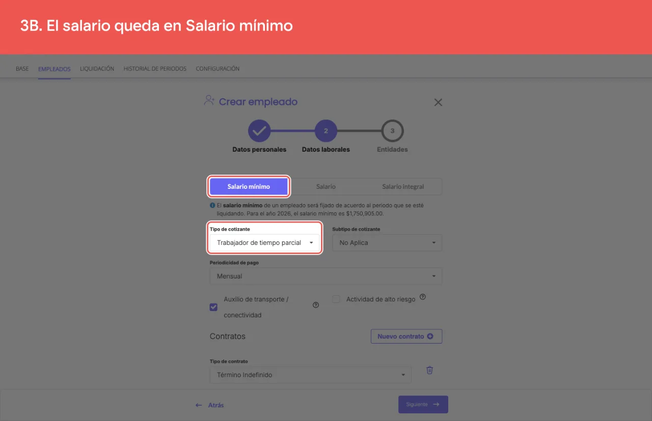 El Tipo de cotizante en Trabajador de tiempo parcial y el Tipo de salario en Salario mínimo