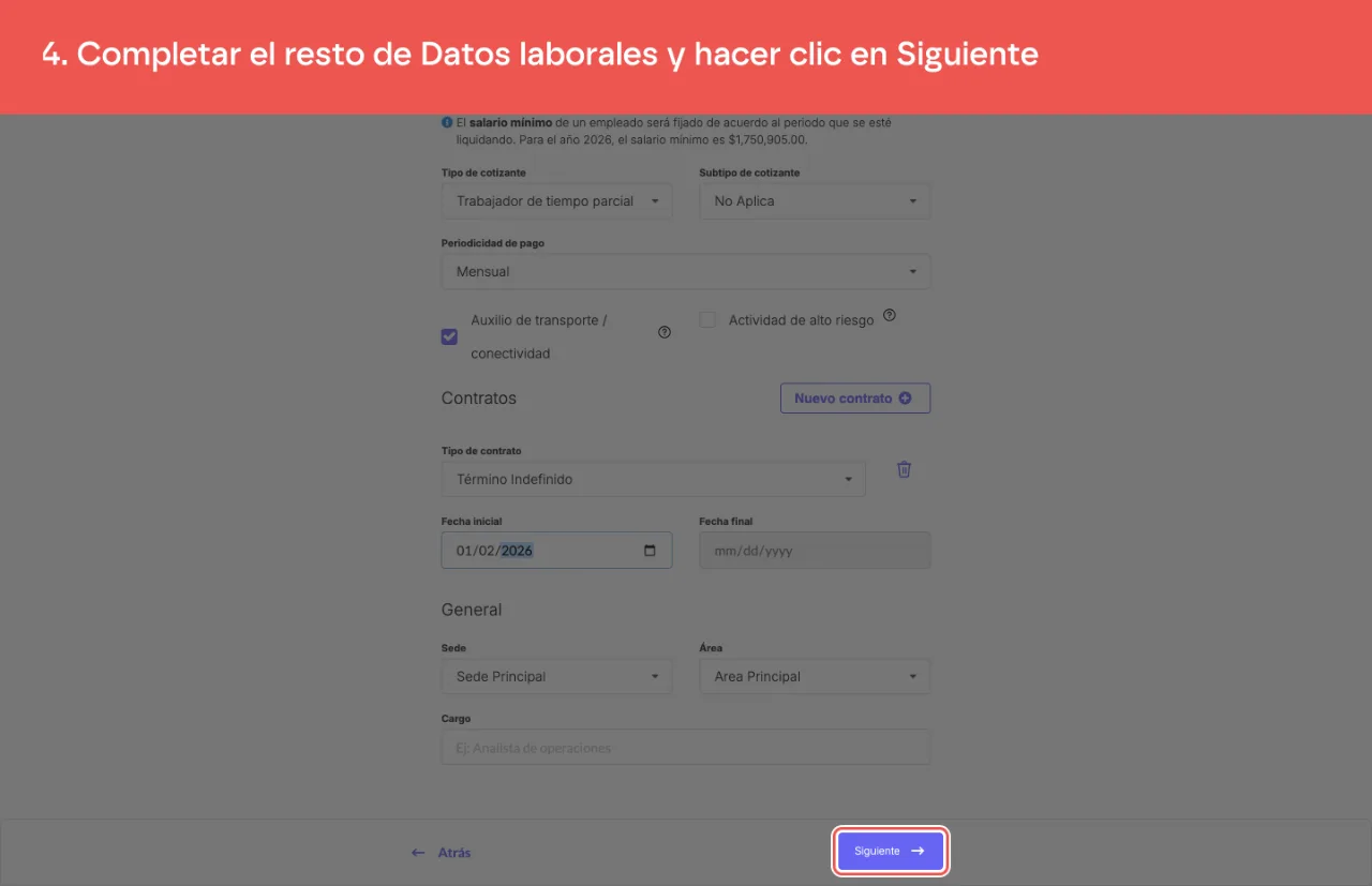 El botón Siguiente al pie de Datos laborales