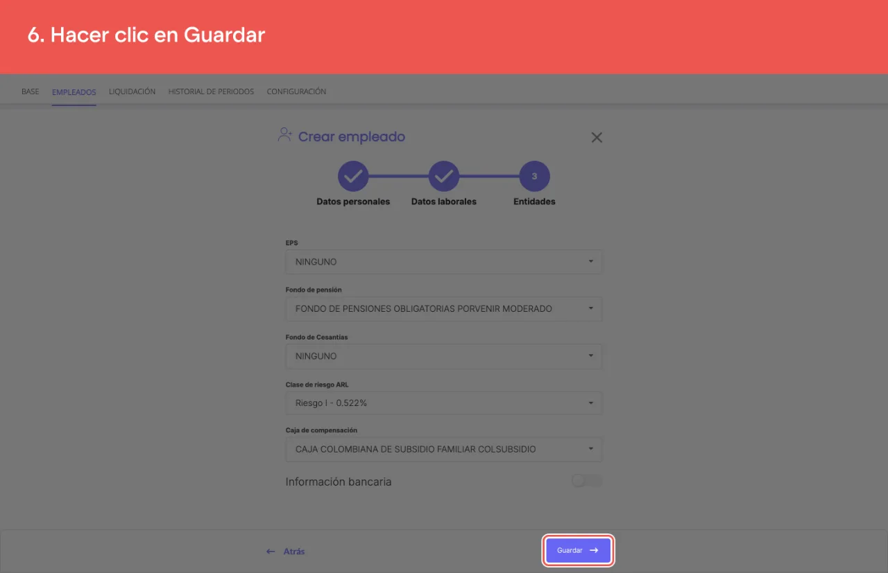 El botón Guardar, al pie de la sección Entidades