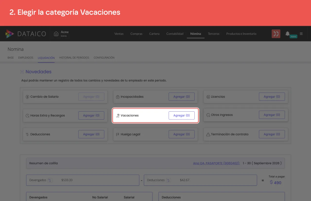 La tarjeta Vacaciones del panel de novedades, con su botón Agregar