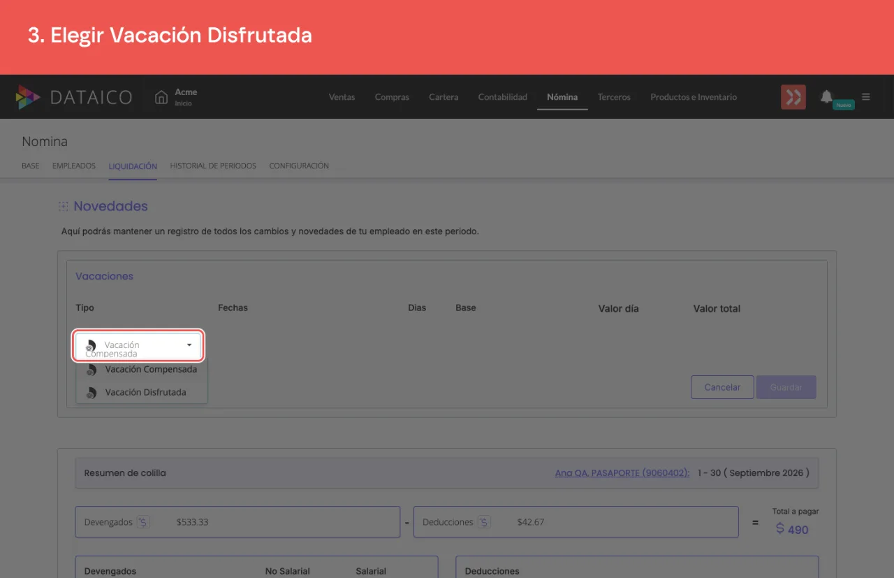 La lista con los dos tipos de vacación, compensada y disfrutada