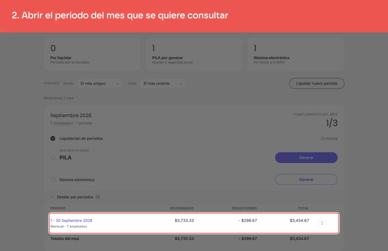 La fila del periodo en el detalle del mes, cuyo menú de tres puntos lleva a Ver detalles