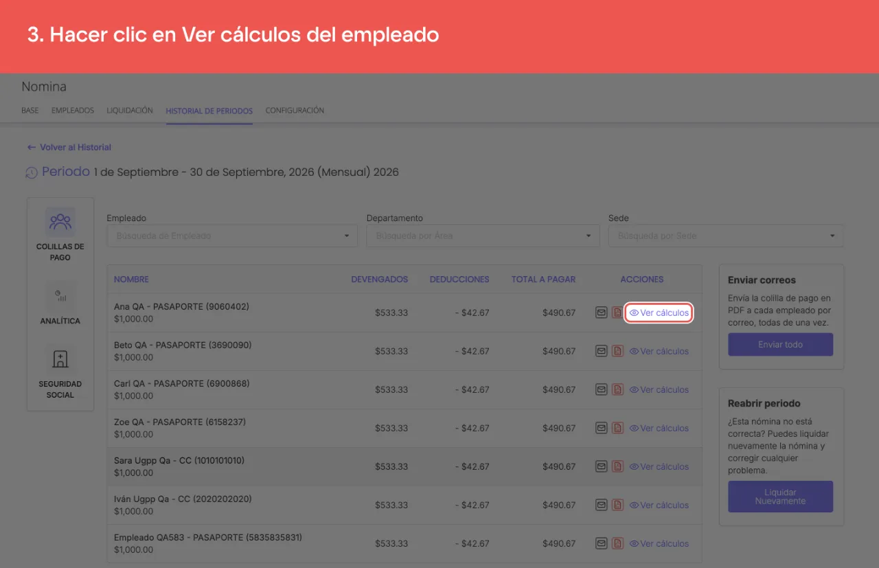 El enlace Ver cálculos de la fila del empleado, en las colillas de pago del periodo