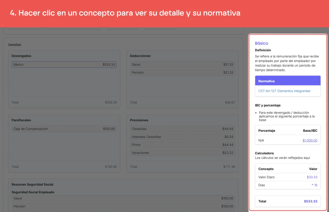 El panel del concepto, con su definición, la normativa que lo respalda, el IBC y la calculadora que muestra de dónde sale el valor