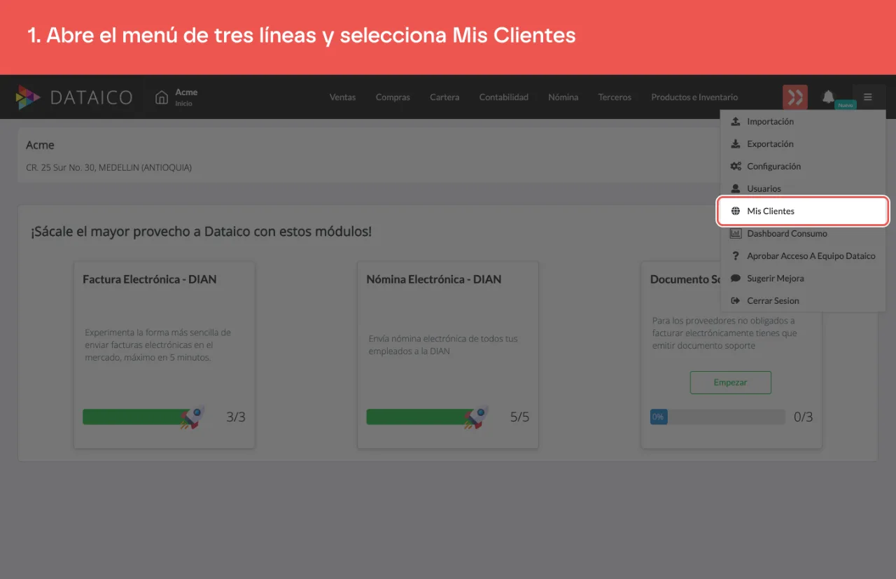 El menú de tres líneas de una cuenta de aliado, con la opción Mis Clientes