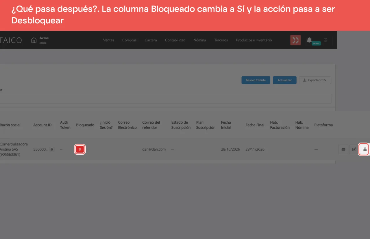La fila del cliente con Bloqueado en Sí y la acción Desbloquear