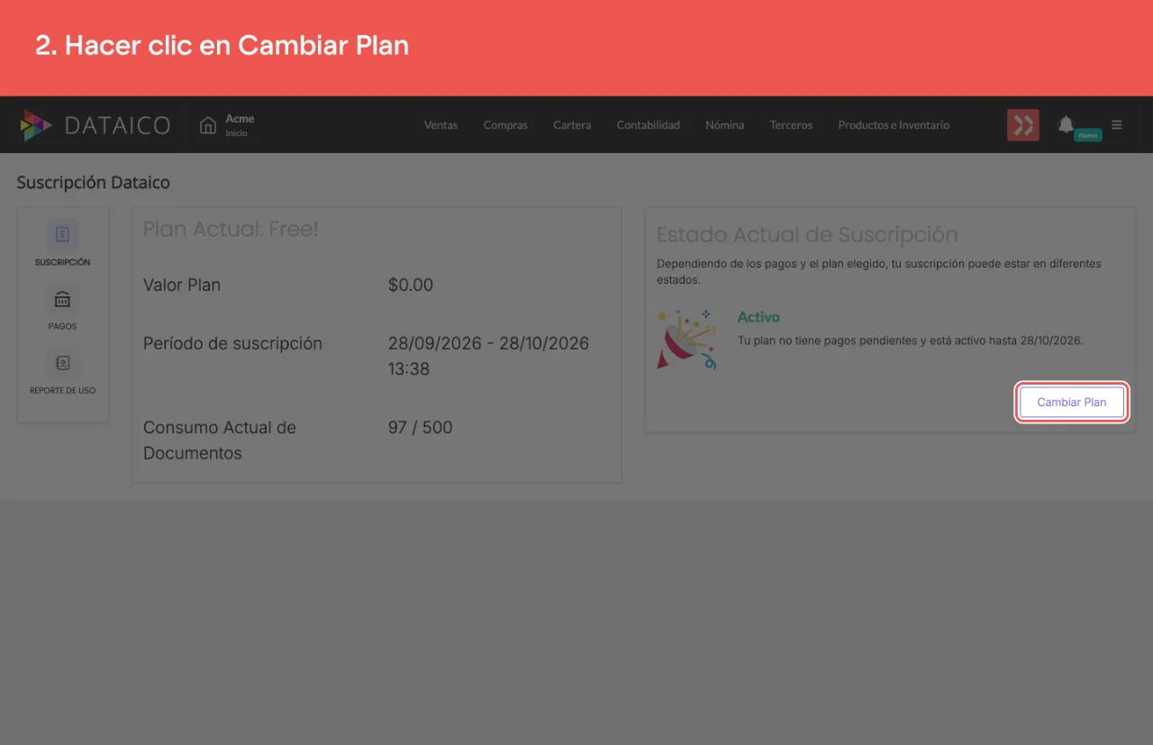 La pestaña Suscripción, con el plan actual y el botón Cambiar Plan