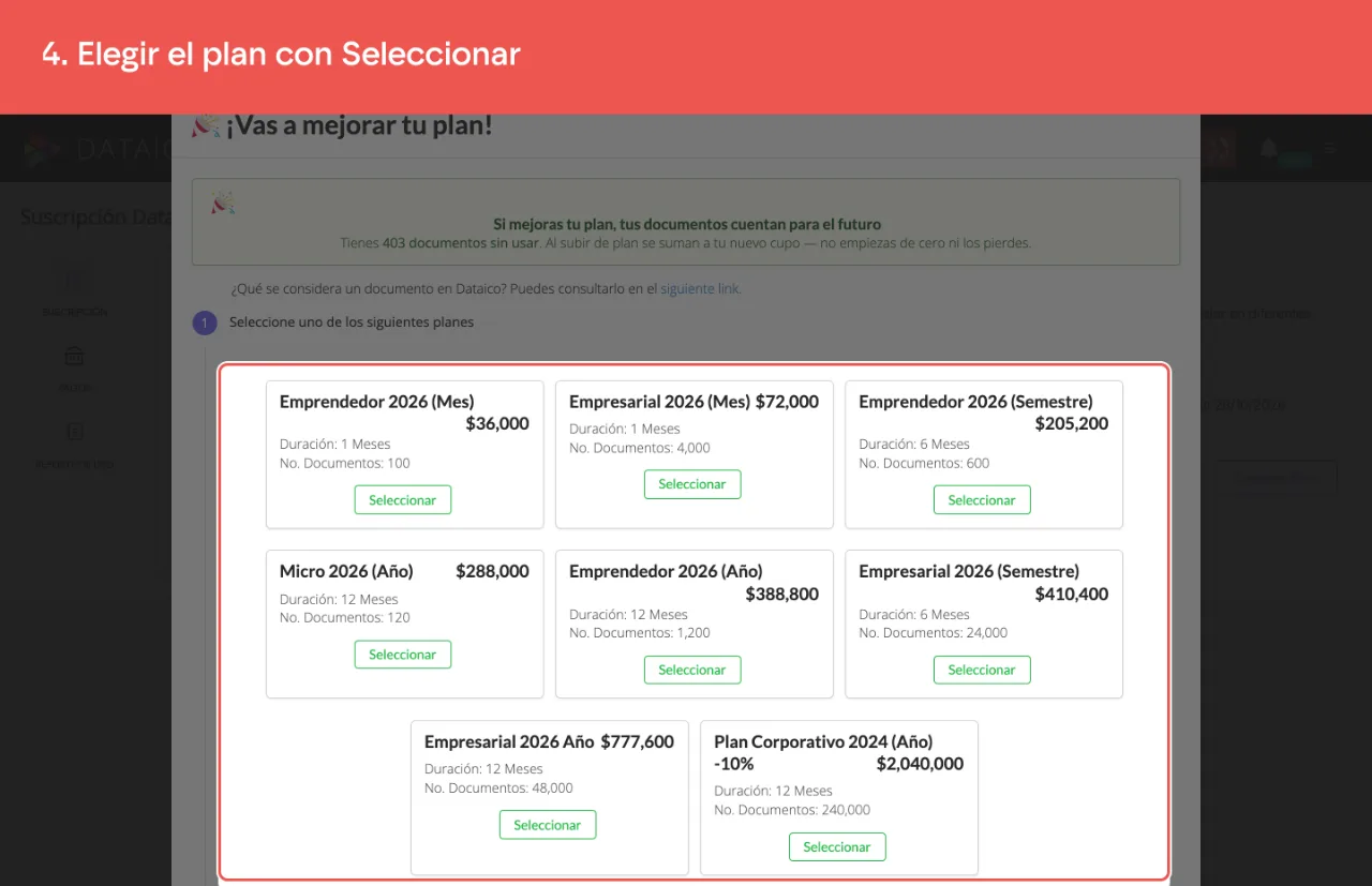 Las tarjetas de plan, cada una con su precio, duración y número de documentos