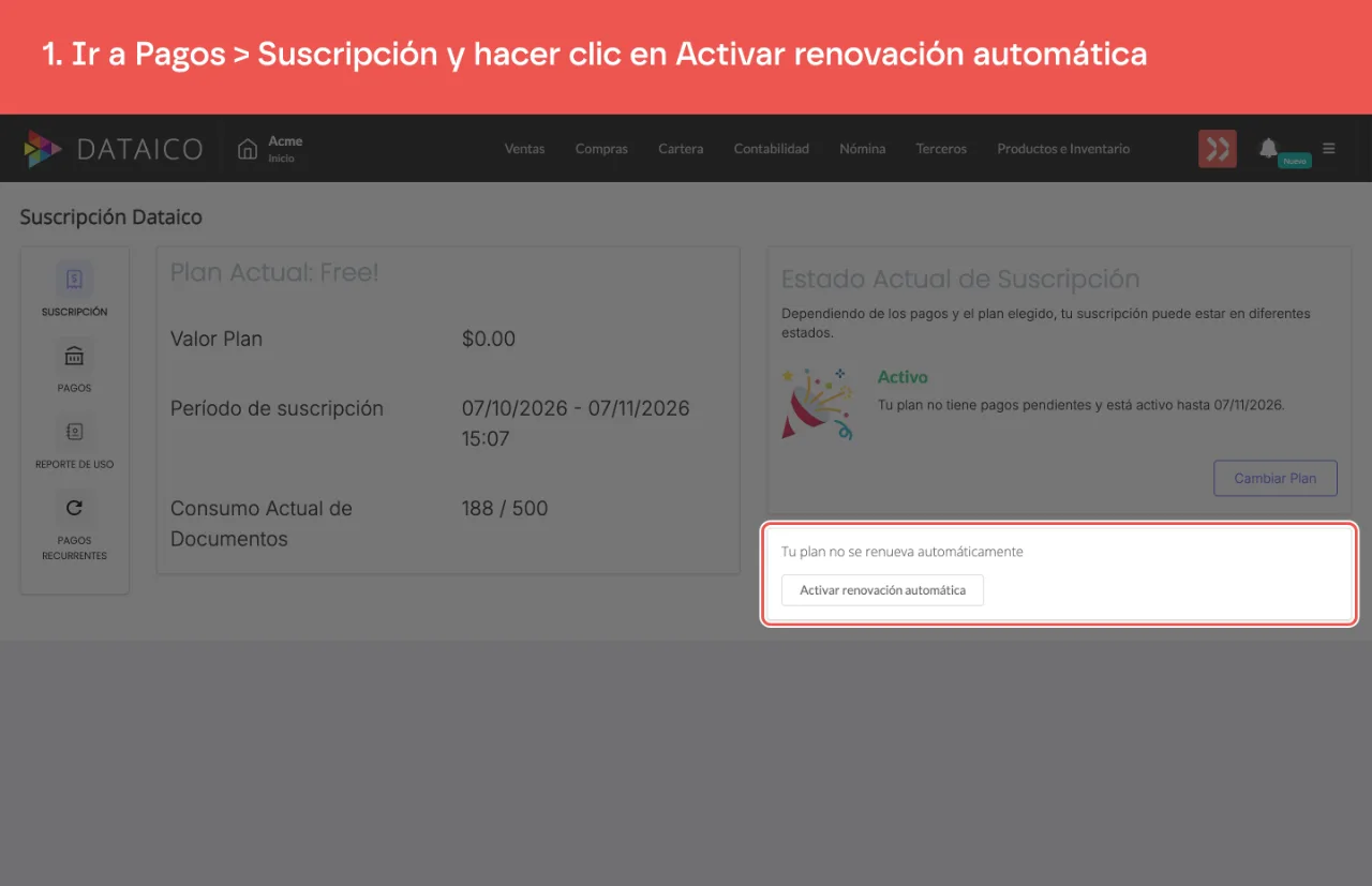 El aviso Tu plan no se renueva automáticamente, con el botón Activar renovación automática