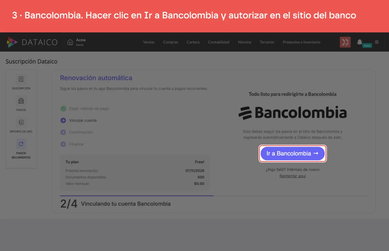 La pantalla Todo listo para redirigirte a Bancolombia, con el botón Ir a Bancolombia