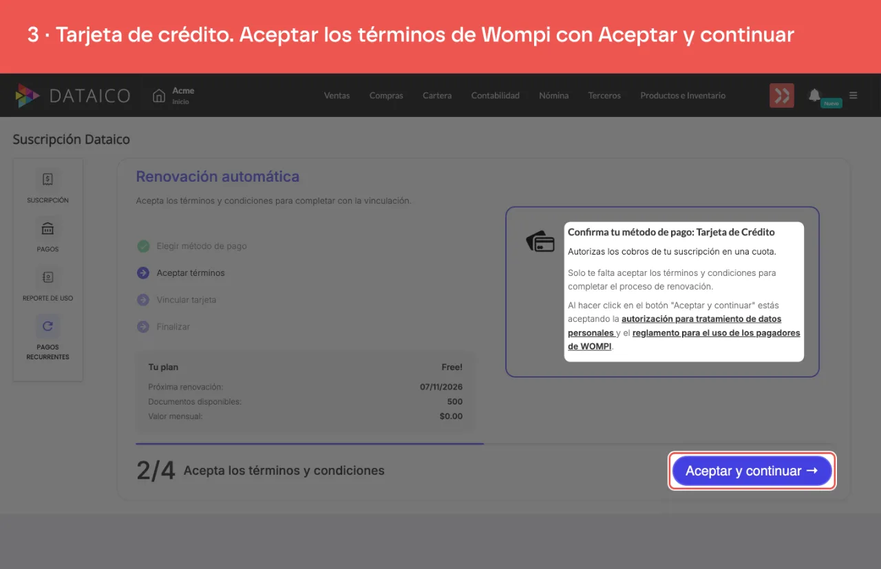 Confirma tu método de pago: Tarjeta de Crédito, con el botón Aceptar y continuar