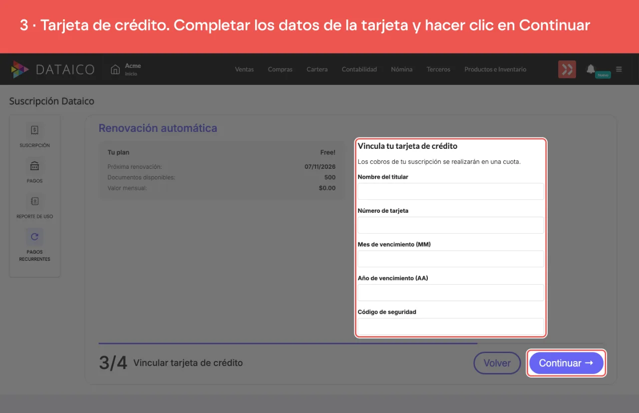 El formulario Vincula tu tarjeta de crédito, con el titular, el número, el vencimiento y el código de seguridad