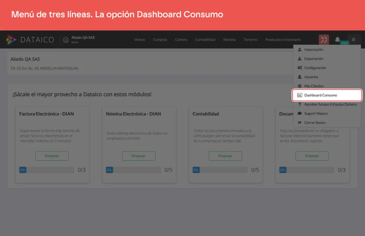 El menú de tres líneas de una cuenta de aliado, con la opción Dashboard Consumo debajo de Mis Clientes y aparte de Configuración