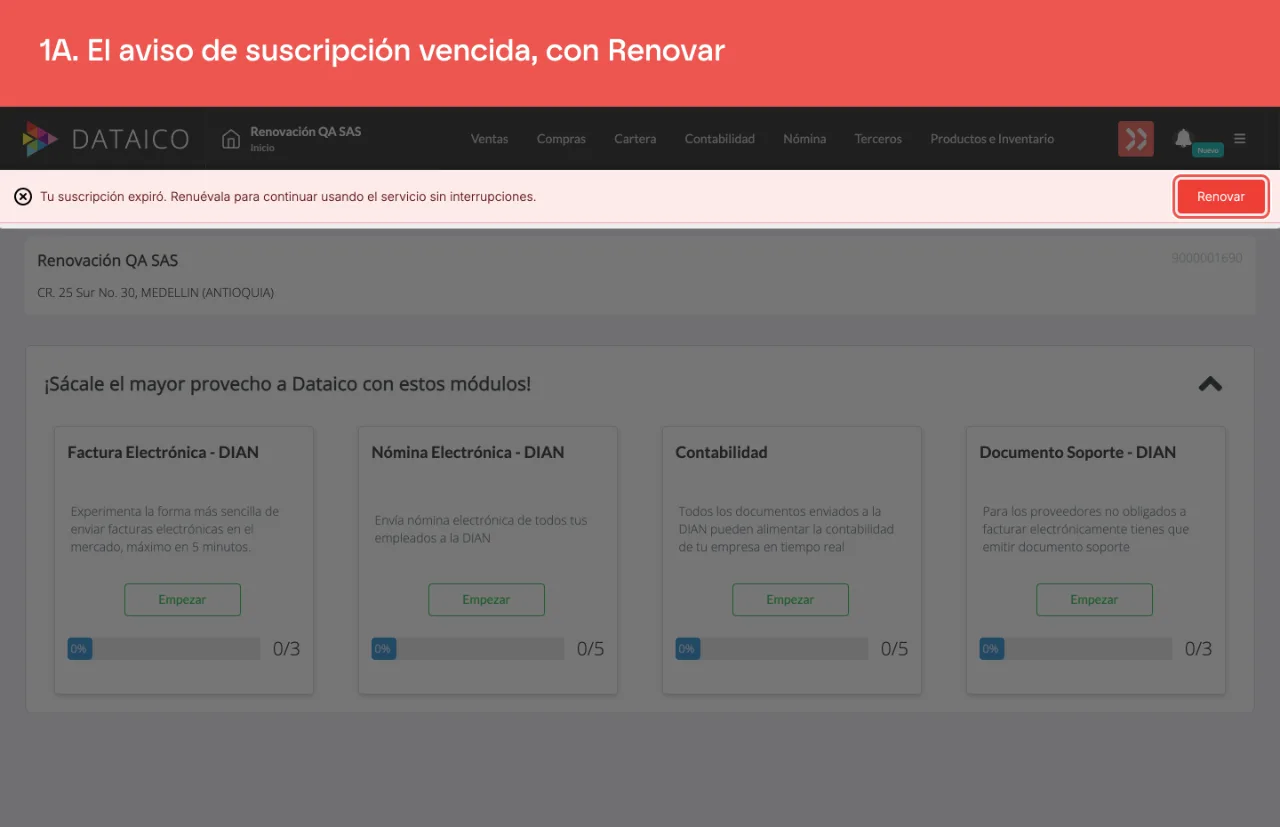 El banner rojo que avisa que la suscripción expiró, con el botón Renovar a la derecha