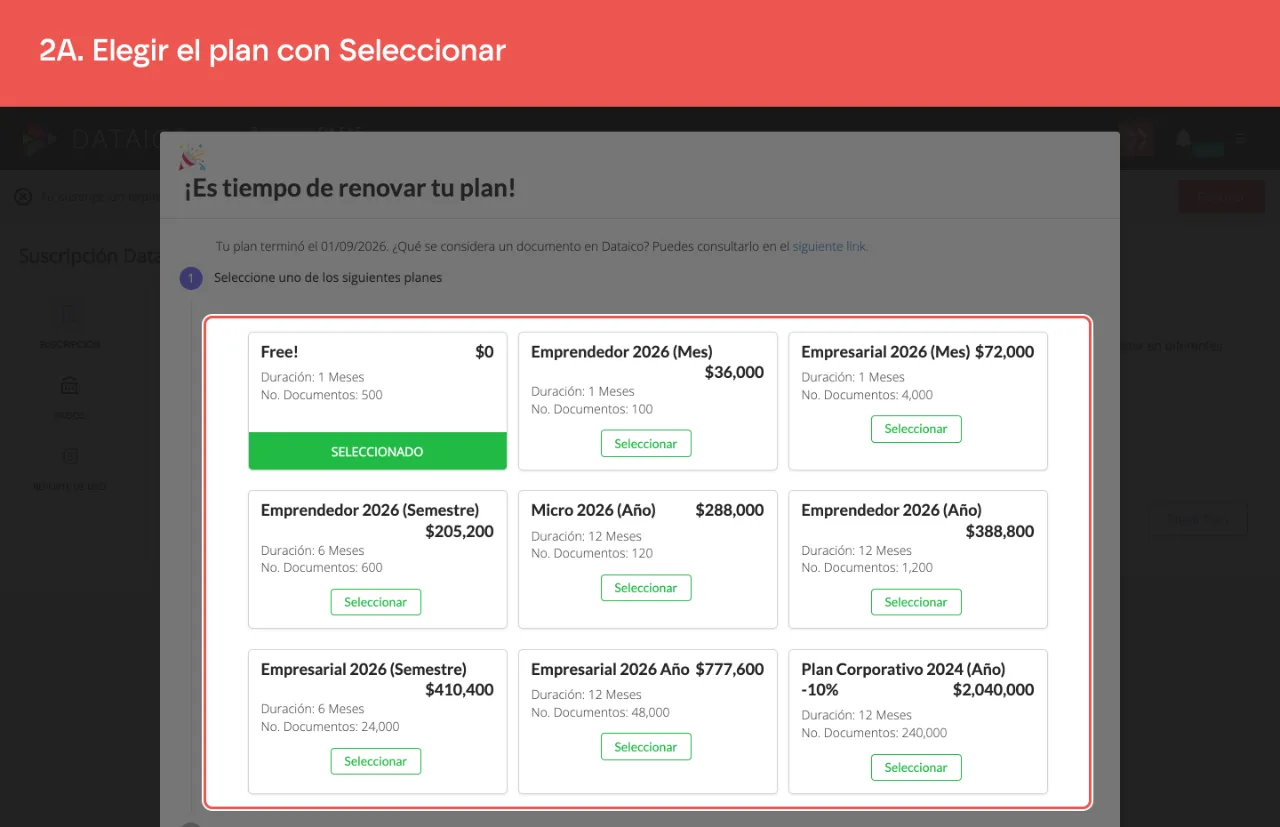 El diálogo ¡Es tiempo de renovar tu plan!, con la fecha en que terminó el plan y las tarjetas de plan, cada una con su precio, duración y documentos