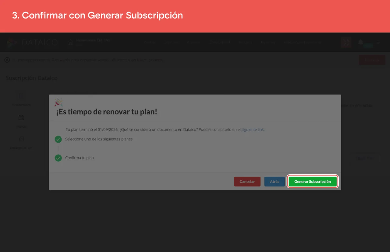 El paso Confirma tu plan y el botón Generar Subscripción, junto a Atrás y Cancelar