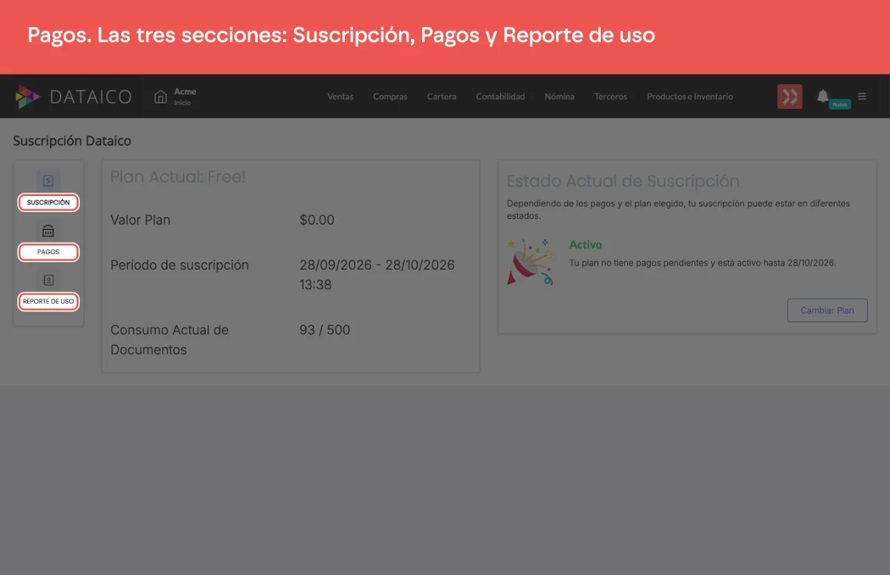 El módulo de Pagos con sus tres pestañas, Suscripción, Pagos y Reporte de uso, y la pestaña Suscripción abierta con el plan contratado