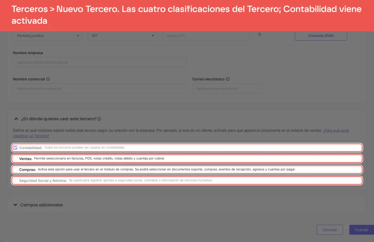 La sección ¿En dónde quieres usar este tercero? del formulario Nuevo Tercero, con las cuatro clasificaciones señaladas: Contabilidad, ya activada, Ventas, Compras y Seguridad Social y Nómina