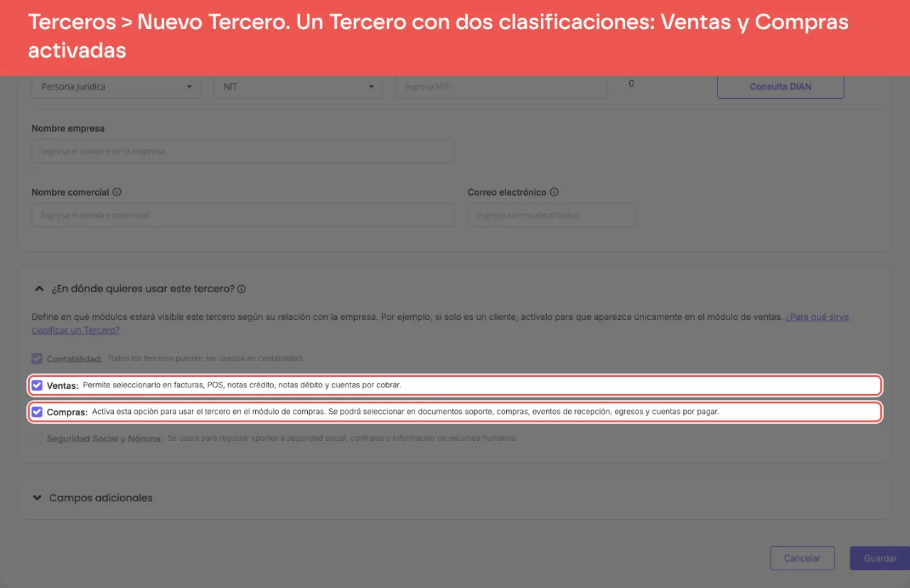 La misma sección del formulario Nuevo Tercero con las casillas Ventas y Compras marcadas, además de Contabilidad: el Tercero queda disponible como cliente y como proveedor