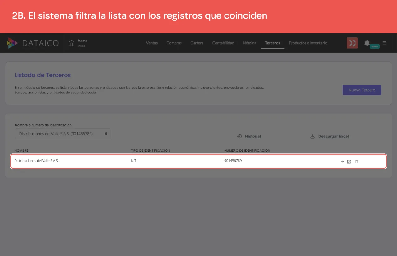 El listado filtrado, con el único tercero que coincide con la búsqueda