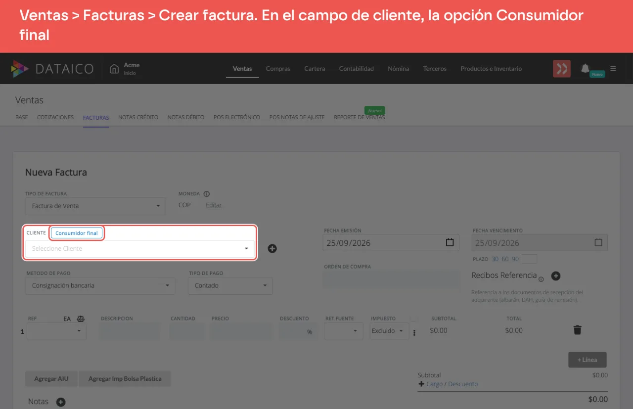 El formulario de una factura nueva con el campo de cliente y, junto a su etiqueta, la opción Consumidor final