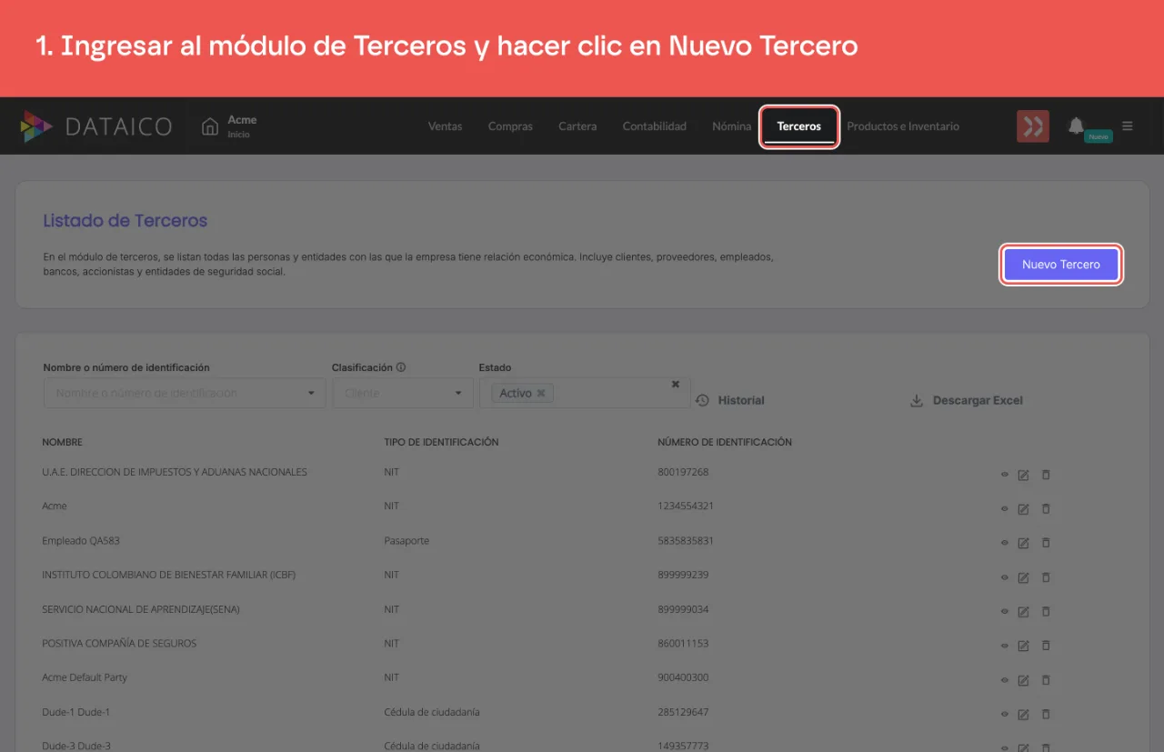 La pestaña Terceros del menú principal y el botón Nuevo Tercero del listado