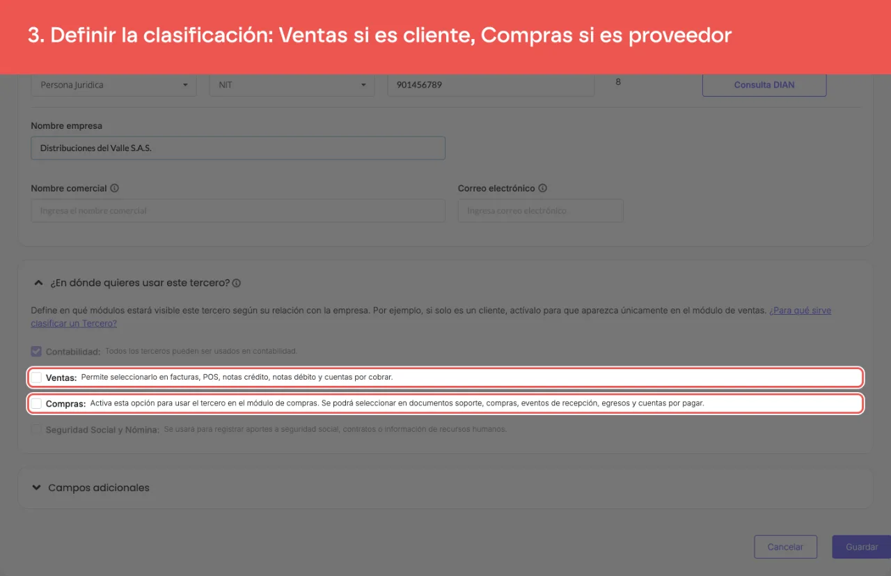 Las opciones Ventas y Compras de la clasificación del tercero, con Ventas activada