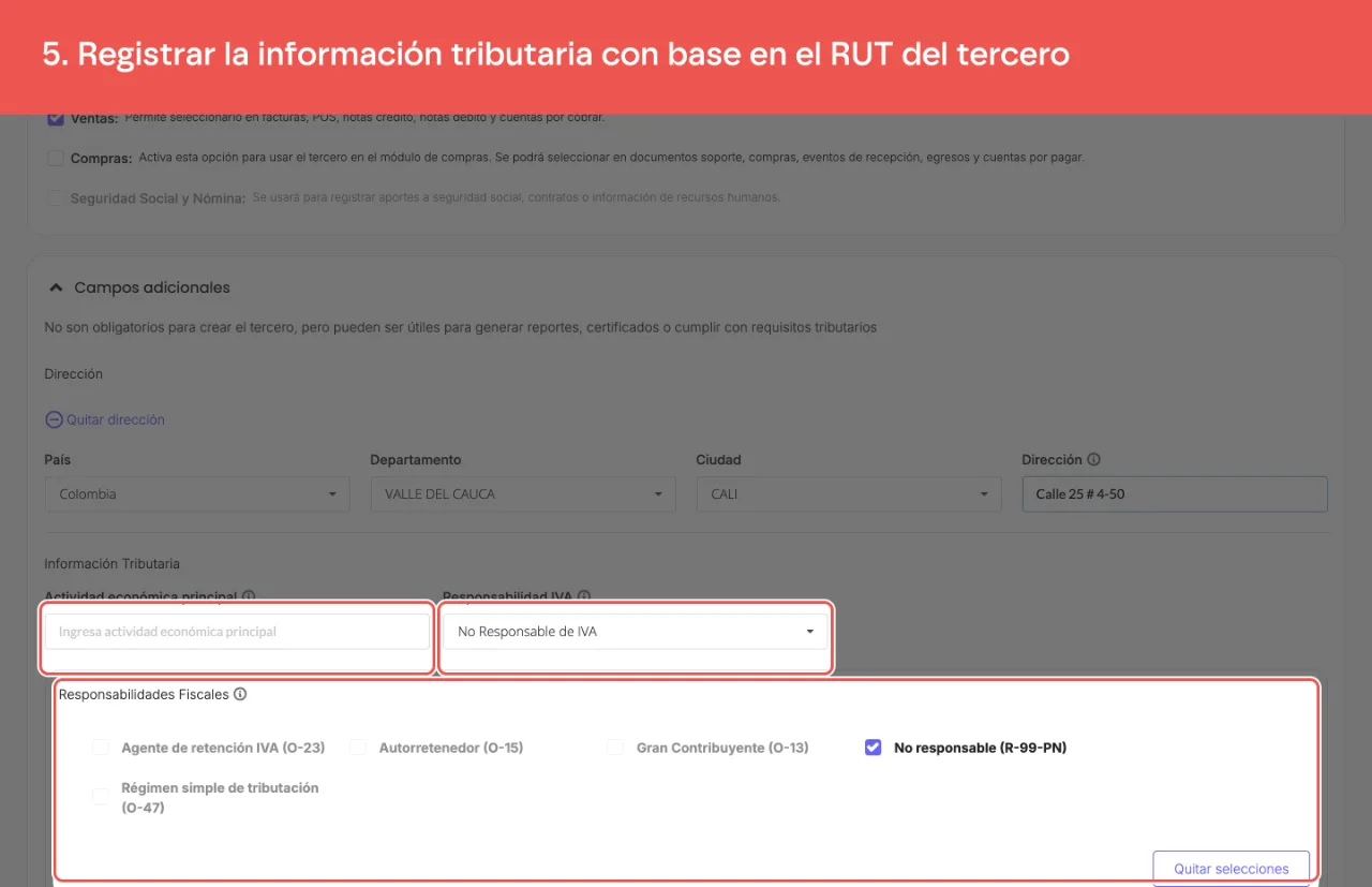 Los campos tributarios: actividad económica, responsabilidad de IVA y responsabilidades fiscales