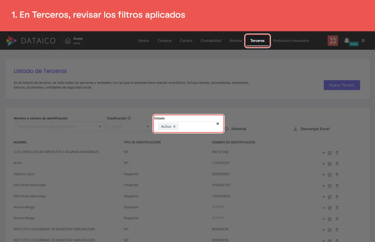 La pestaña Terceros y el filtro Estado del listado, que abre en Activo