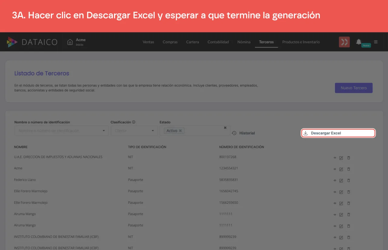 La opción Descargar Excel, a la derecha de los filtros
