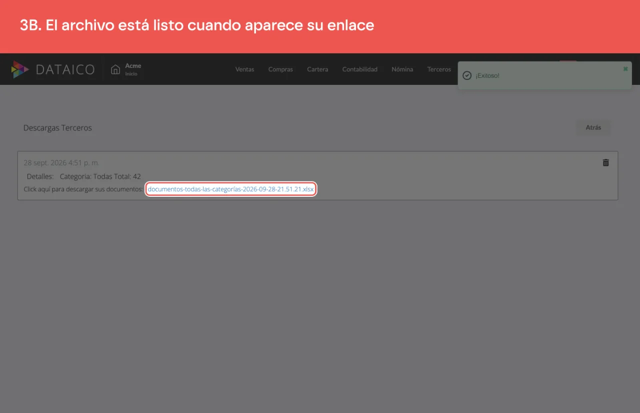 La pantalla de descargas de Terceros con el enlace al archivo ya generado