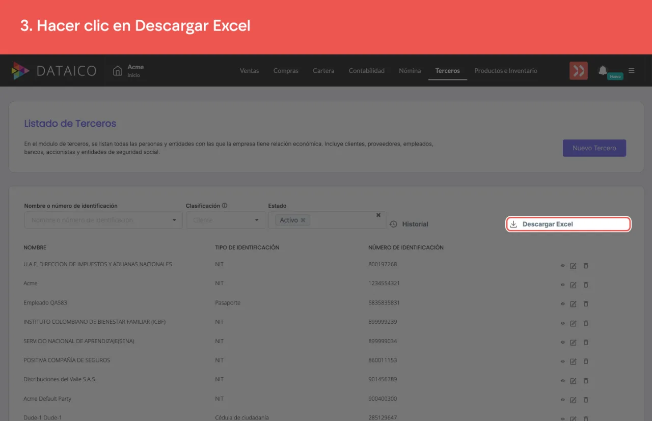 La opción Descargar Excel, a la derecha de los filtros
