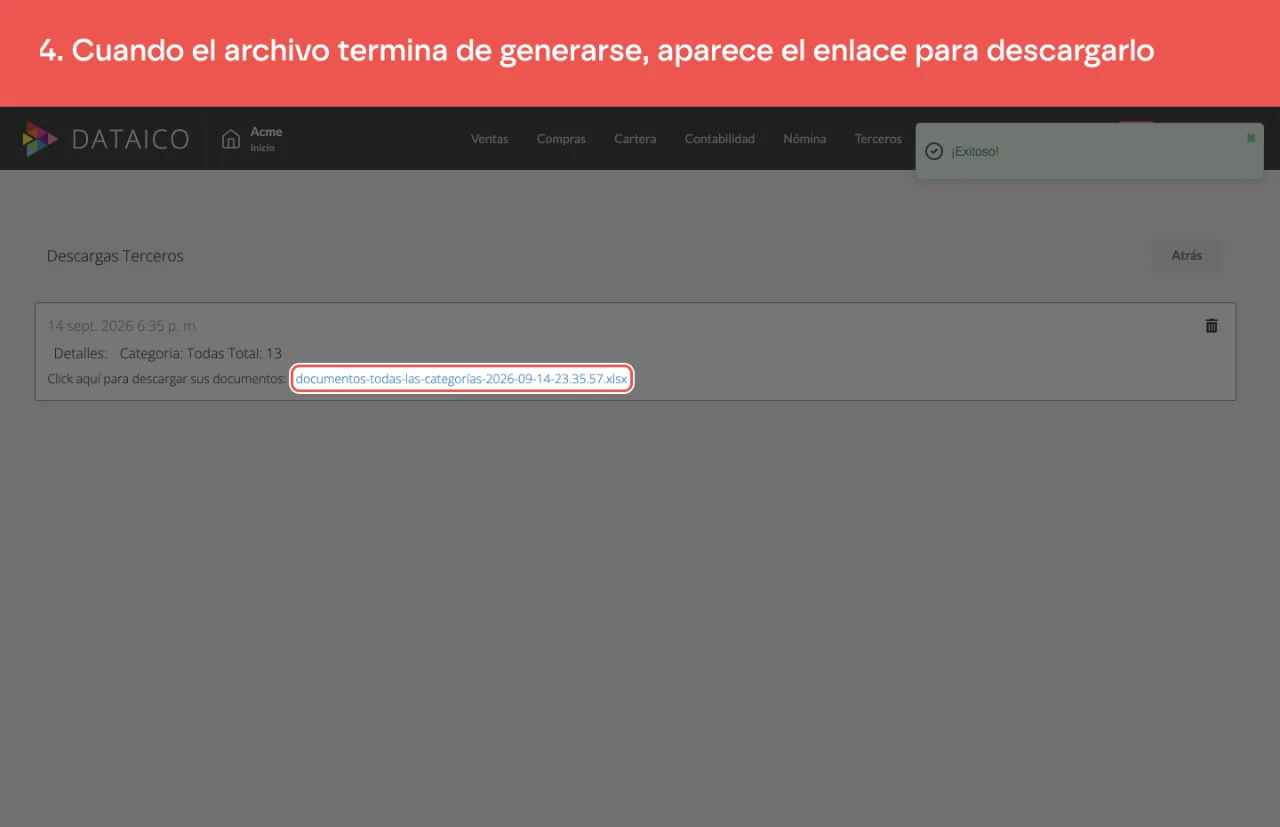 La pantalla Descargas Terceros con el enlace al archivo recién generado