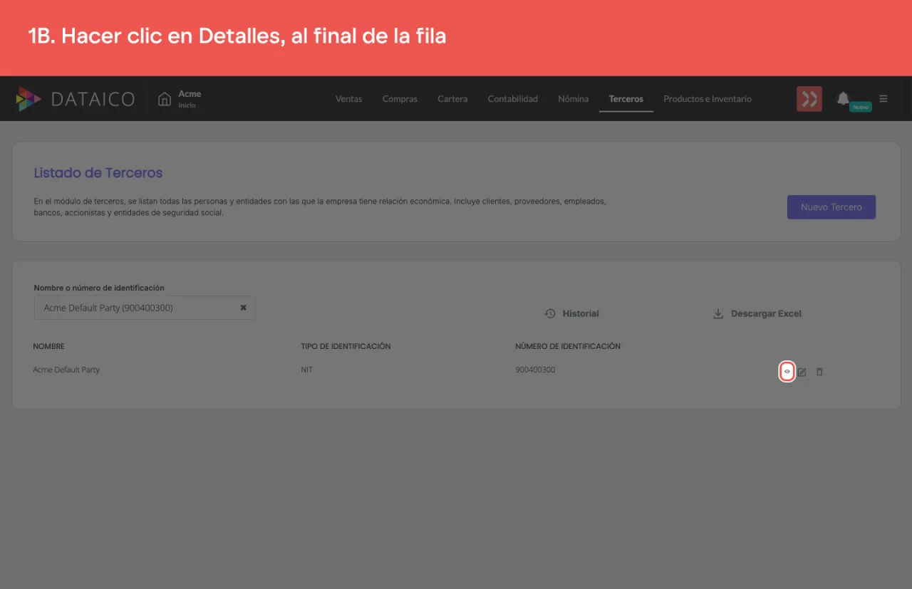 El botón Detalles de la fila del cliente, con el ícono de ojo