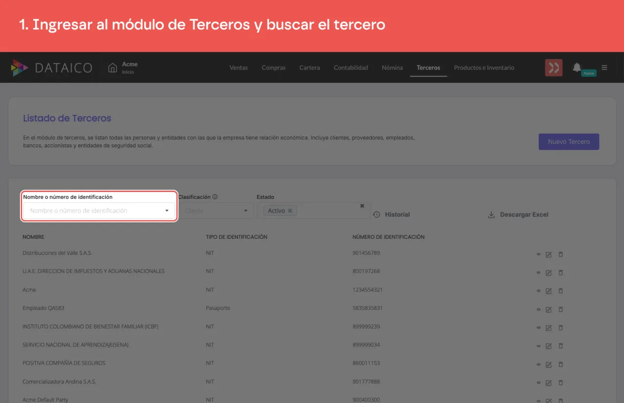 El campo de búsqueda del listado de Terceros, con el nombre del tercero escrito
