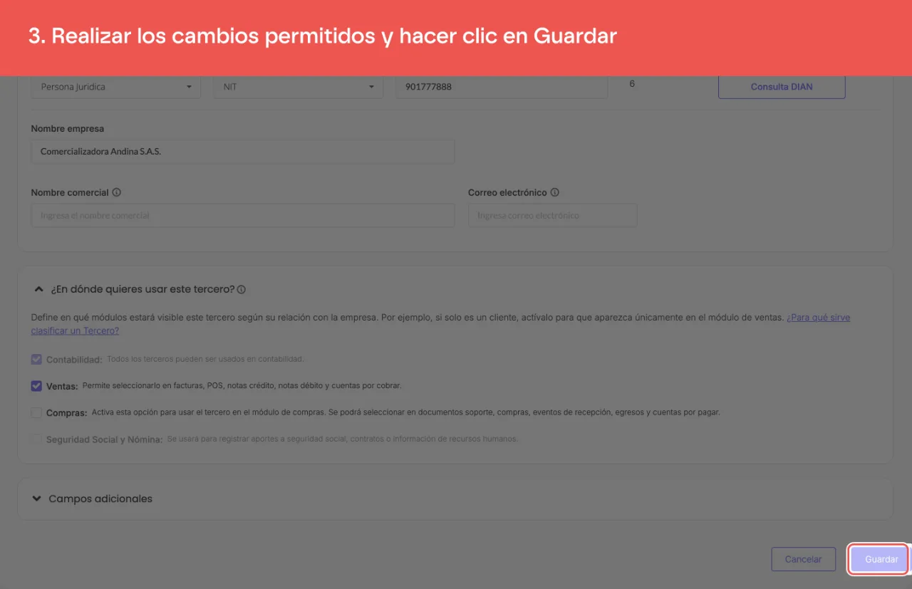 El botón Guardar del formulario de Tercero, al final de la ficha