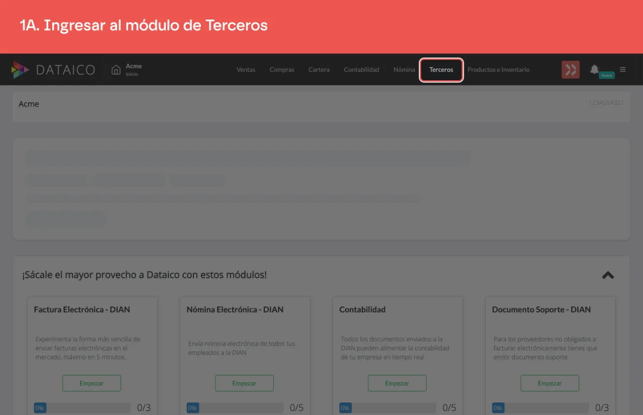 La pestaña Terceros del menú principal