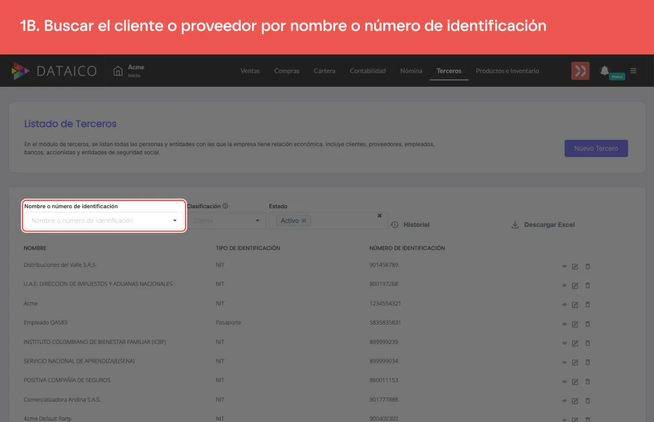 El campo de búsqueda de los filtros, con el nombre del tercero escrito