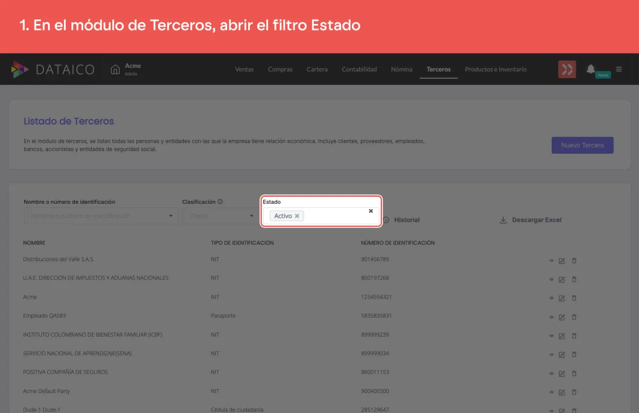 El filtro Estado del listado de Terceros, abierto