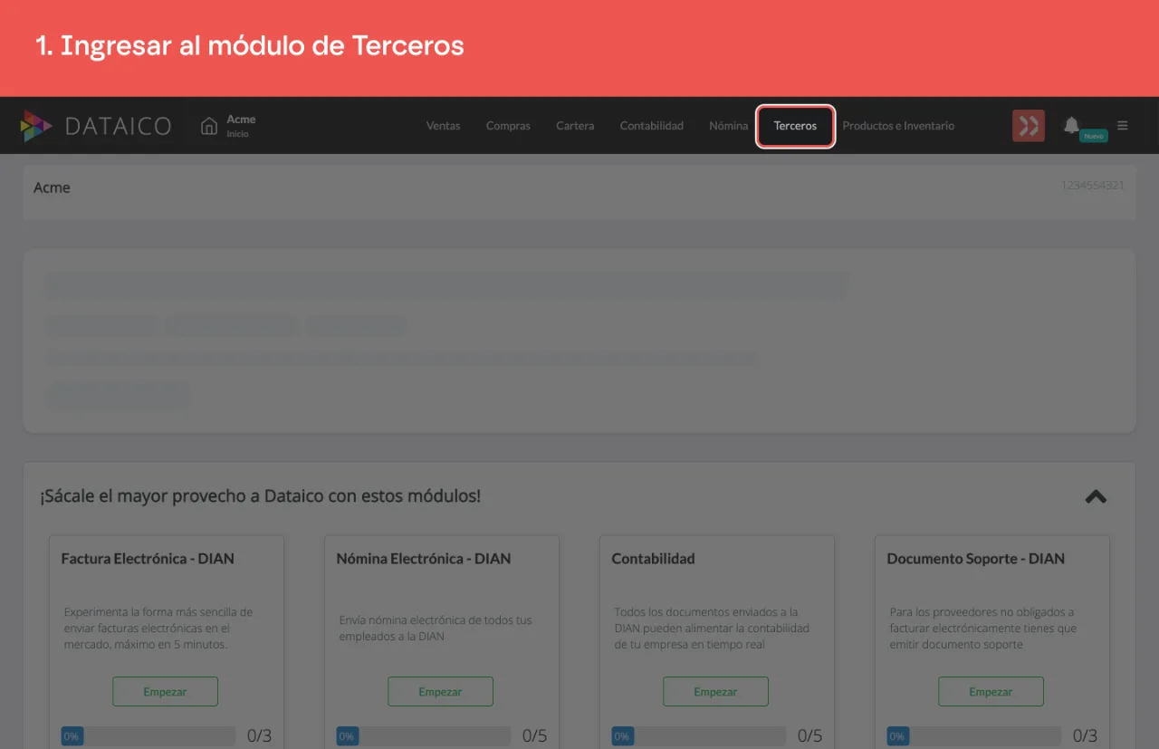 La pestaña Terceros del menú principal