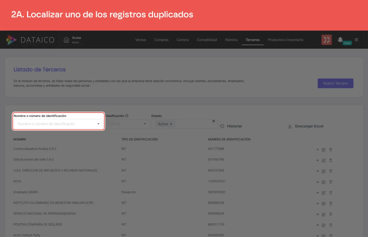 El campo de búsqueda del listado, con el nombre del tercero escrito