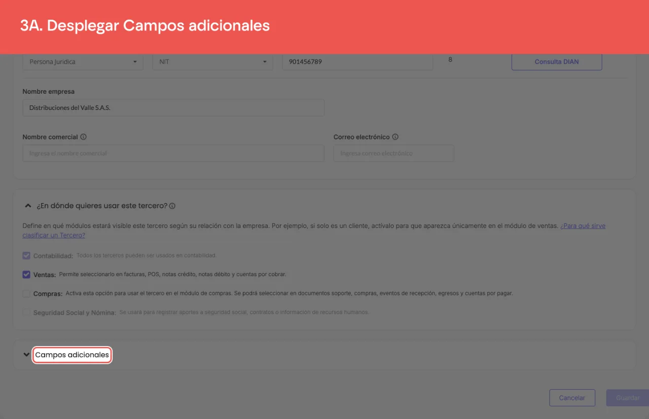 La sección Campos adicionales de la ficha del tercero