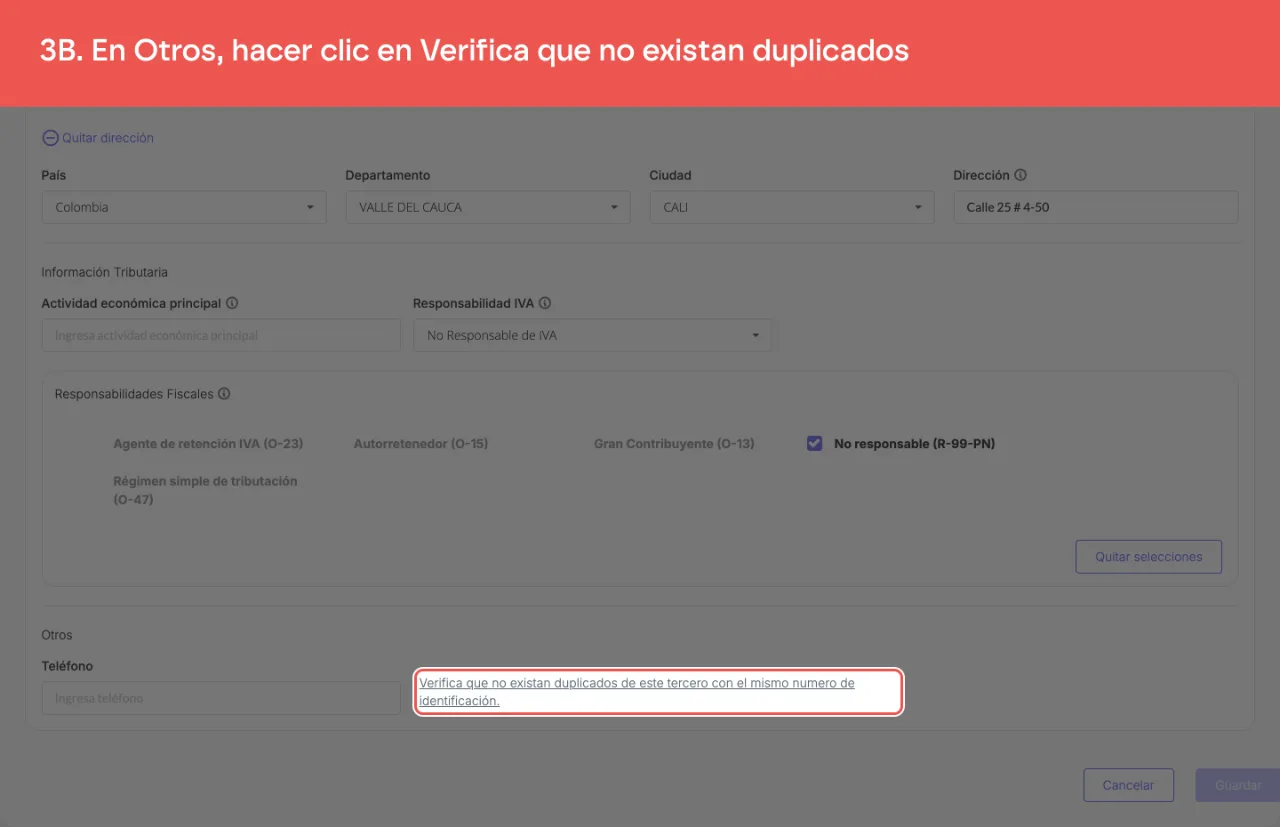 El enlace para verificar duplicados, en el bloque Otros junto al campo Teléfono