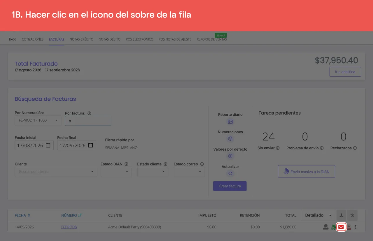 El ícono del sobre, a la derecha de la fila de la factura