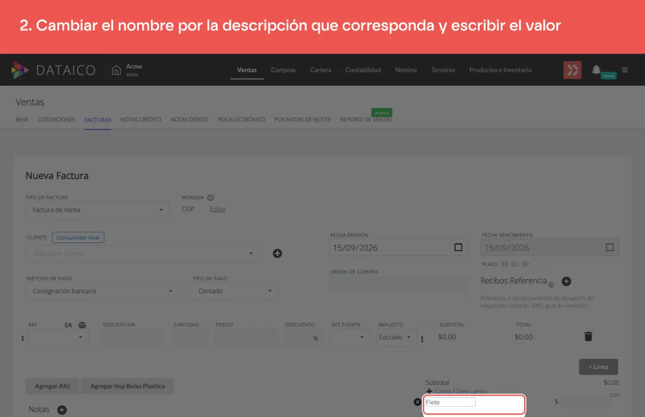 El renglón del cargo, con su descripción y el campo del valor