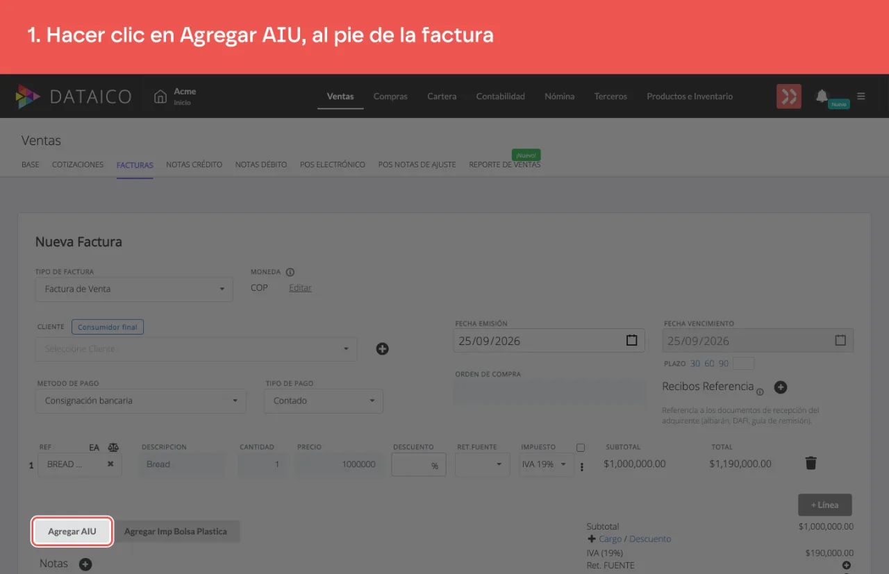 El botón Agregar AIU, al pie del formulario de la factura