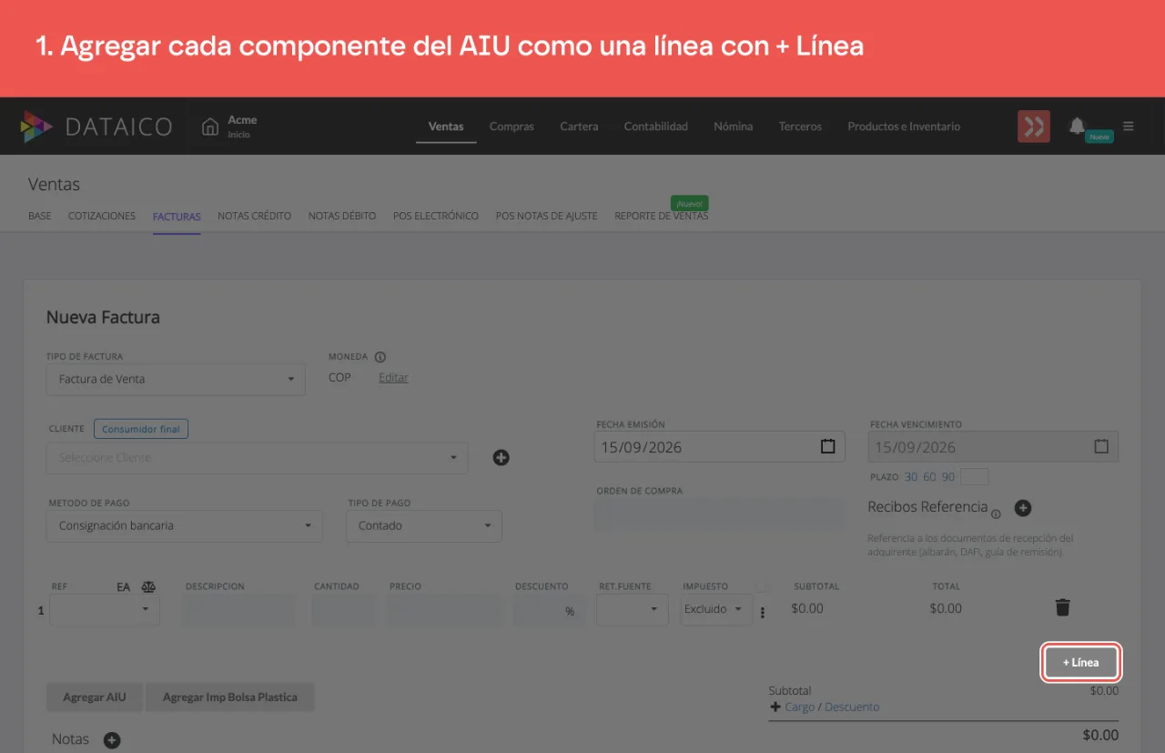 El control + Línea, que agrega un ítem independiente a la factura