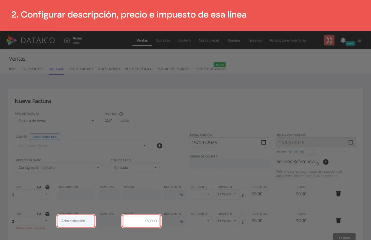 La línea del componente, con su descripción y su precio completos